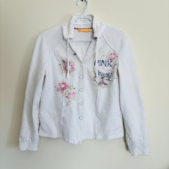 VTG Crisca Button Front White Trucker Jacket Flower Design Lace Trim  M - Picture 3 of 16